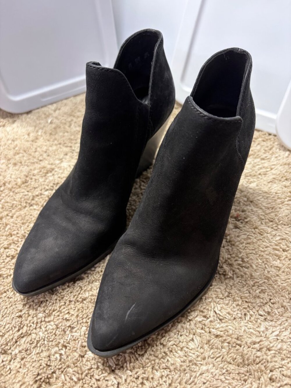 Naturalizer Black Suede Pointed-Toe Ankle Boots With Stacked Heels - Minor Wear
